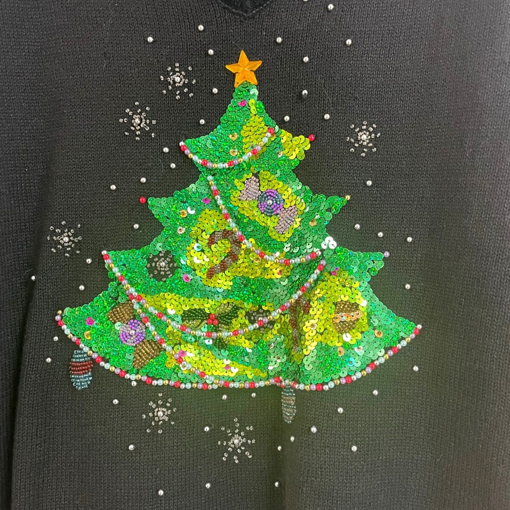Quacker Factory Womens Beaded Sequin Christmas Tree V Neck Black Sweater Medium - Picture 10 of 11